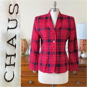 Chaus classic vintage red plaid wool blazer